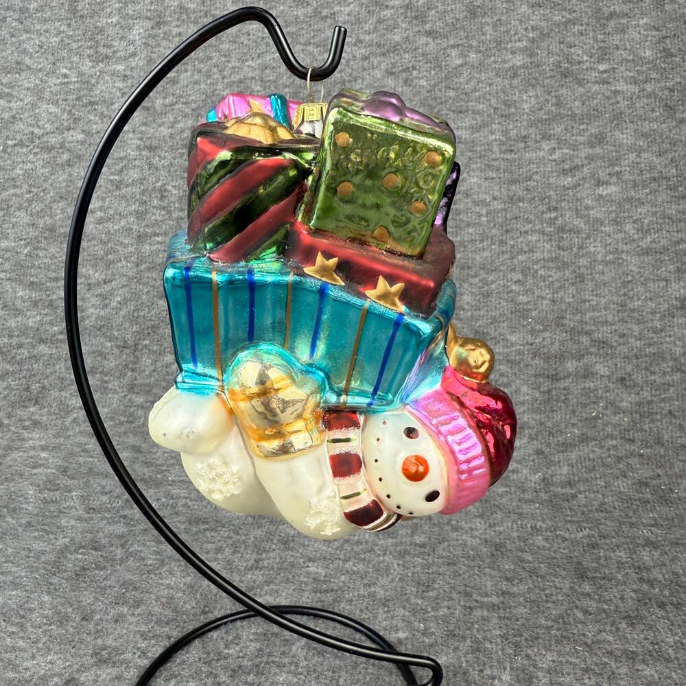Vintage Fitz & Floyd Frosty Family Snowman w/ Packages Ornament Blown Glass 90s
